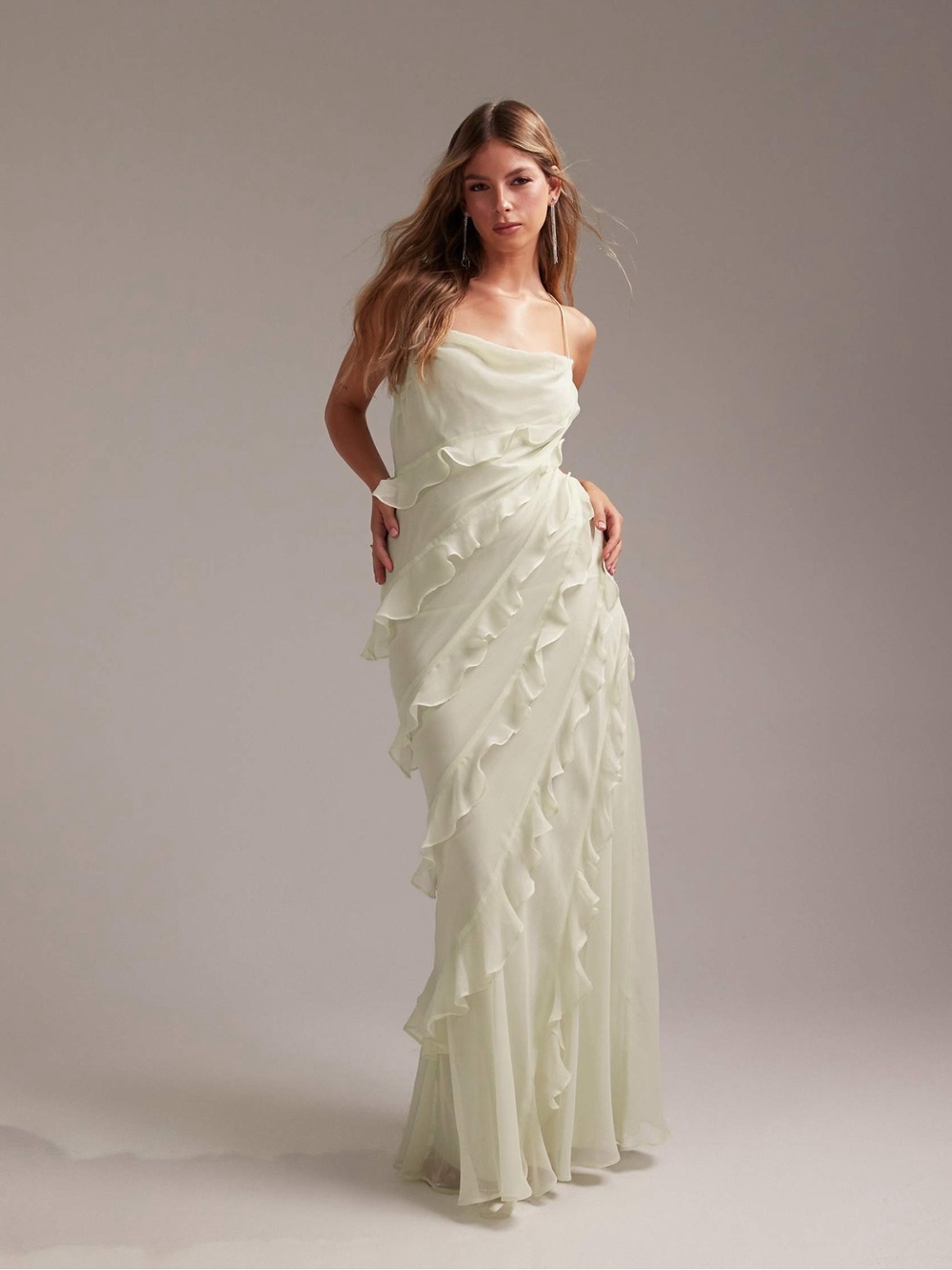 Bridesmaid Ruffle Cami Maxi Dress Light Green - Size US 6
